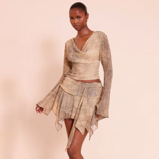 Snake Print Long Sleeve Tops Two Piece Skirts Set GSZM-Q25ST381