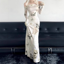 Off Shoulder Long Sleeve Butterfly Print Maxi Dress GAXB-W409DS