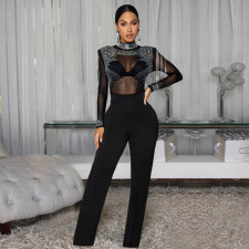 Mesh Hot Drill Long Sleeve Jumpsuit BY-7579