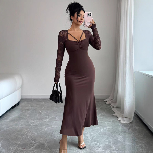 Patchwork Lace Long Sleeve Ruched Long Dress GZJF-10193