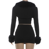 Long Sleeve Patchwork Furrzy Neck Three Piece Skirt Set GSLF-K25S85367