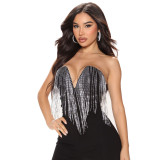 Rhinestone Deep V-Neck Tassel  Wrap Romper GYOM-8855