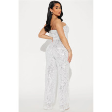 Sequin Wrap Chest Solid Color Jumpsuit GYOM-8939