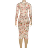 Print Long Sleeve Ruched Midi Dress GSLF-K25D83941