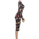Print Long Sleeve Ruched Midi Dress GSLF-K25D83941