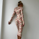 Print Long Sleeve Ruched Midi Dress GSLF-K25D83941