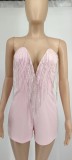Rhinestone Deep V-Neck Tassel  Wrap Romper GYOM-8855