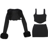 Long Sleeve Patchwork Furrzy Neck Three Piece Skirt Set GSLF-K25S85367