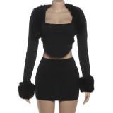 Long Sleeve Patchwork Furrzy Neck Three Piece Skirt Set GSLF-K25S85367