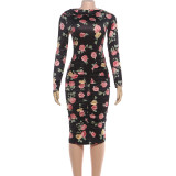 Print Long Sleeve Ruched Midi Dress GSLF-K25D83941