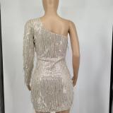 Single Shoulder Long Sleeve Sequin Mini Dress GYOM-8778