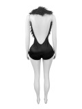 Fur Deep V Neck Halterneck Romper CH-25026