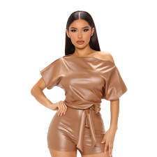 PU Leather Slash Shoulder Romper(With Belt) GYOM-8836