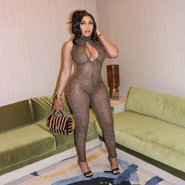 Leopard Mesh Hollow Out Tight Jumpsuit SHD-9752