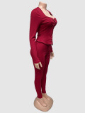 Solid Color Long Sleeve Tie Up 2 Piece Pants Set GQNF-Y00391SC