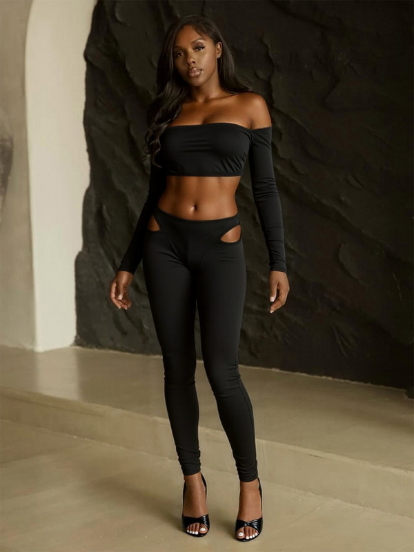 One Shoulder Long Sleeve Hollow Out Two Piece Pants Set GQNF-Y00410SC