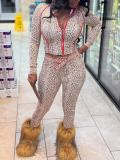 Leopard Print Zipper Coat Two Piece Pants Set GQNF-Y00264SC