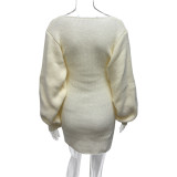 Solid Color V Neck Knits Mini Dress GQNF-Y00492DD