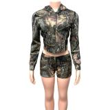Print Long Sleeve Hooded Two Piece Shorts Set GQNF-Y00272SC