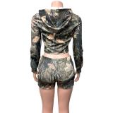 Print Long Sleeve Hooded Two Piece Shorts Set GQNF-Y00272SC