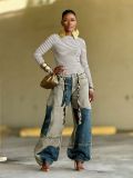 Two-tone Patchwork Contrast Frayed Edge Jeans GYLN-5943