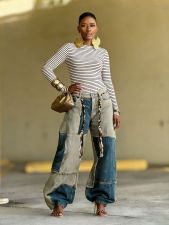 Two-tone Patchwork Contrast Frayed Edge Jeans GYLN-5943