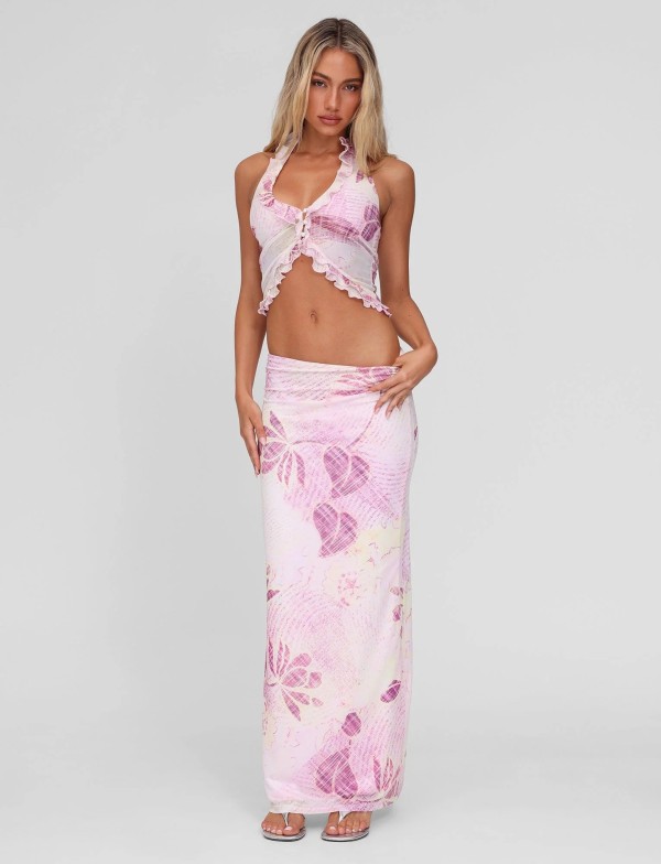 Ruched Print Ruffles Tops Two Piece Skirts Set GQNF-Y00111SC