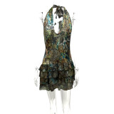 Irregular V Neck Print Backless MIni Dress GQNF-Y00229DC