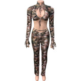 Sexy Tie Up Long Sleeve Camouflage Print Pant Suit GQNF-Y00221SC