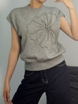 Embroidered Knit Solid Color Sleeveless Tops GQNF-Y00082TM