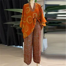 Print V Neck Bat Sleeve Print Two Piece Pants Set GCNE-73351