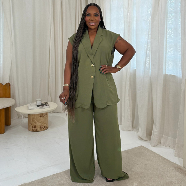 Plus Size Sleeveless Loose Two Piece Pants Set NNWF-8146