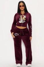 Print Hooded Zipper Tops Two Piece Pants Set GBGF-2511273