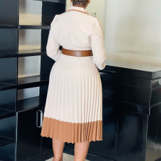 Plus Size Color Block Press Pleated Midi Dress GCZF-8649