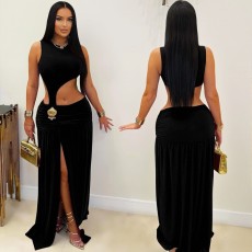 Sleeveless Pleated Hollowo Out Split Maxi Dress GZIY-6352