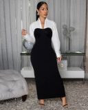 Lapel Shirt Long Sleeve Patchwork Split Maxi Dress XHXF-478