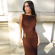 Ruched Sleeveless Off Shoulder Maxi Dress GSLF-K25D74305
