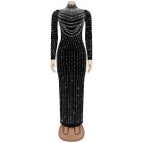 Velour Hot Drill Long Sleeve Maxi Dress BY-7617