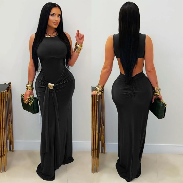 Sleeveless Solid Color Backless Maxi Dress BY-7600