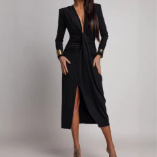 V Neck Long Sleeve High Split Maxi Dress GAXB-W511DS