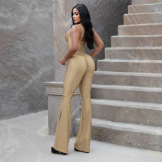 Tight Sport Solid Color Micro Flare Jumpsuit GDSF-D24JP701