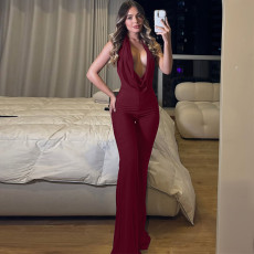 Solid Color Tie Up Backless Jumpsuit SHD-9592