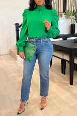 Stand-up Collar Puff Sleeve Back-Tie Top BGN-BN231