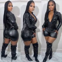 Solid Color Ruched Leather Romper BGN-BN277
