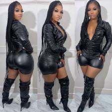 Solid Color Ruched Leather Romper BGN-BN277