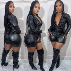 Solid Color Ruched Leather Romper BGN-BN277