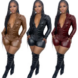 Solid Color Ruched Leather Romper BGN-BN277