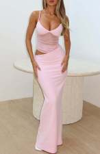 Solid Color Mesh Sling Maxi Dress GWLS-LD202508