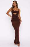 Sling Solid Color Hollow Out Ruched Maxi Dress GWLS-202502
