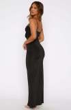 Sling Solid Color Hollow Out Ruched Maxi Dress GWLS-202502